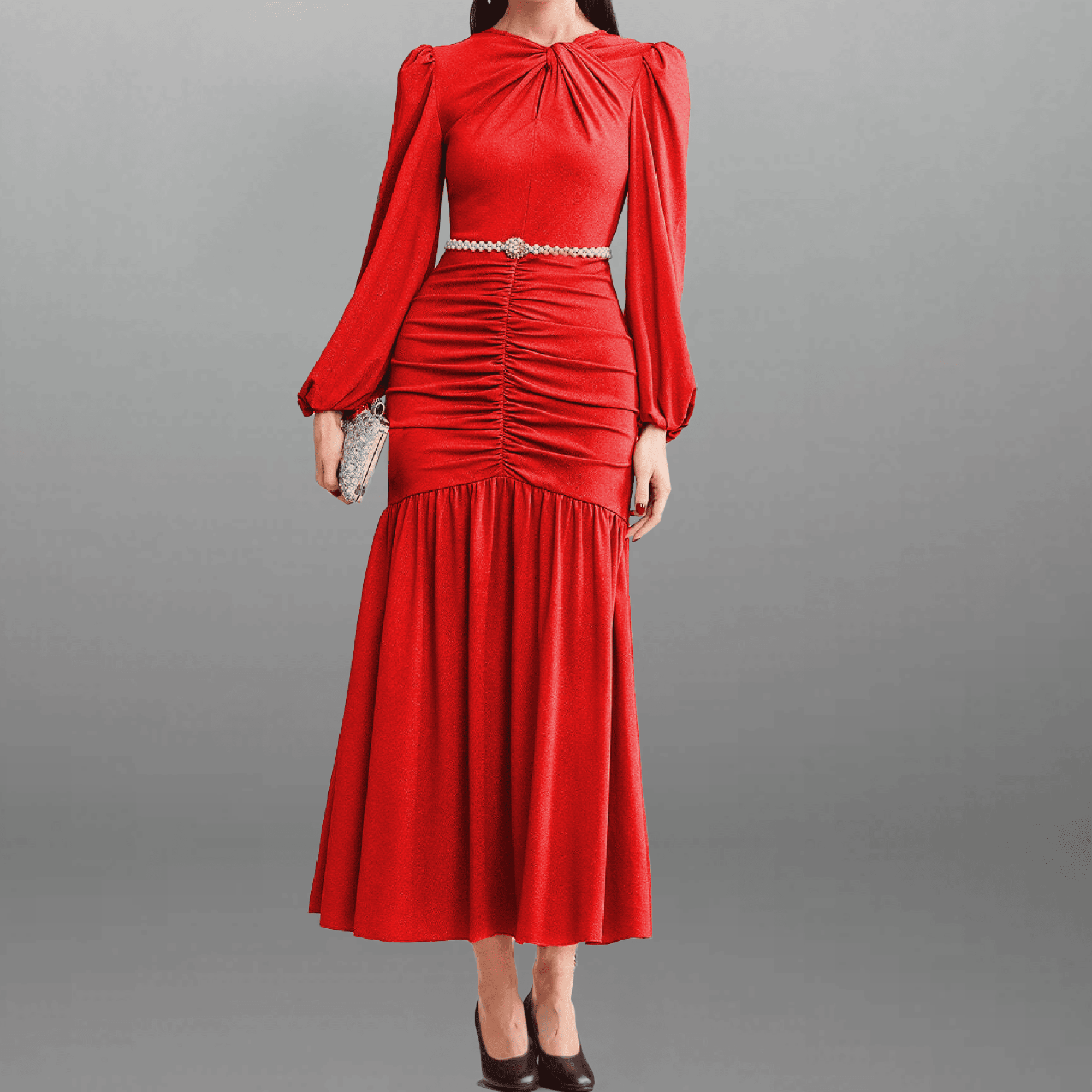 Women's Red Balloon sleeve dress with beaded belt-RED073