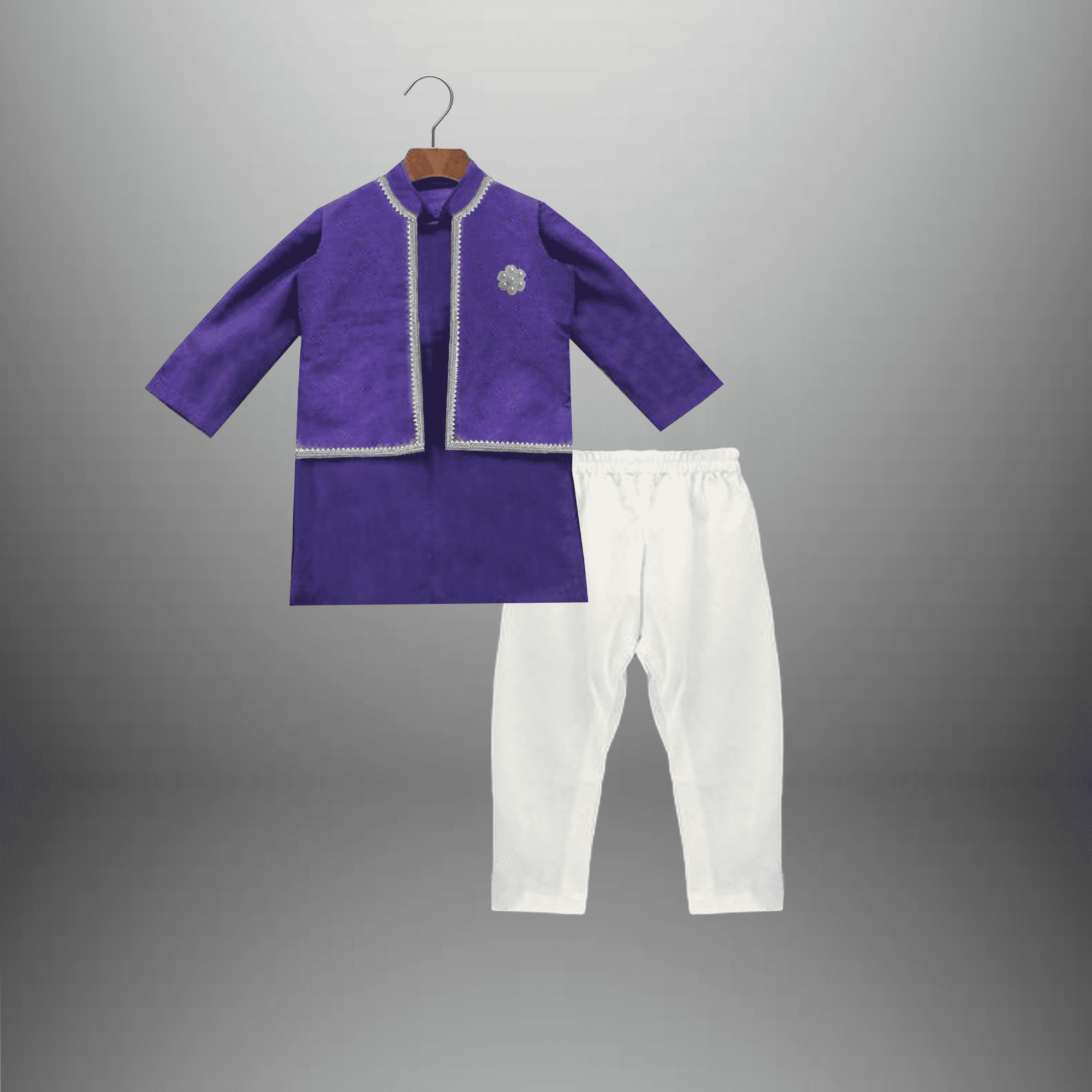 Boy's 3 Piece Set of Blue Nehru jacket ,Kurta and White Pant-RKFCW529