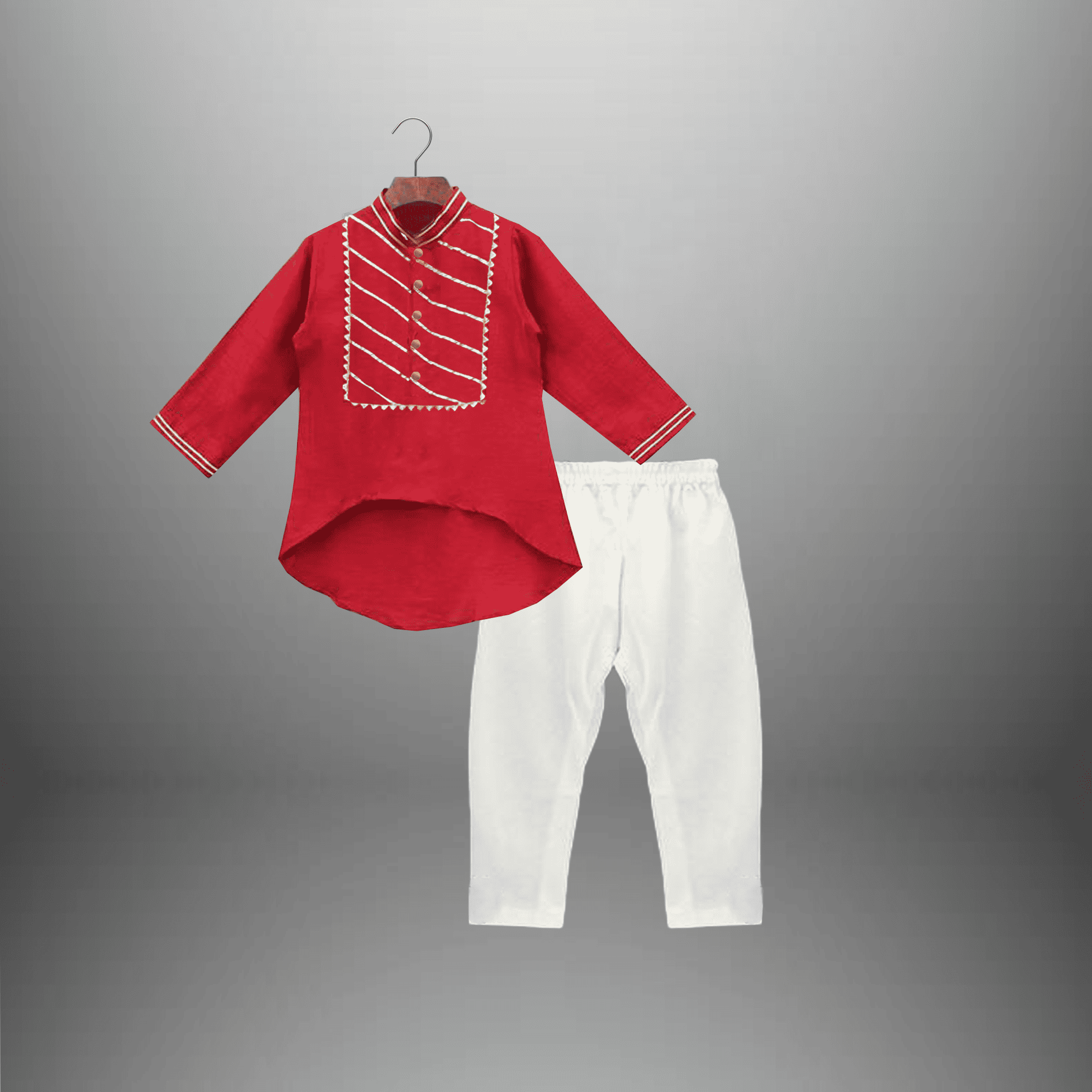 Boy's Maroon embellished high-low kurta with Pant-RKFCW526