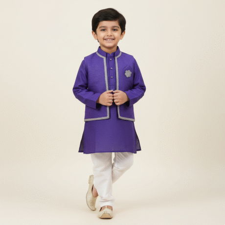 Boy's 3 Piece Set of Blue Nehru jacket ,Kurta and White Pant-RKFCW529
