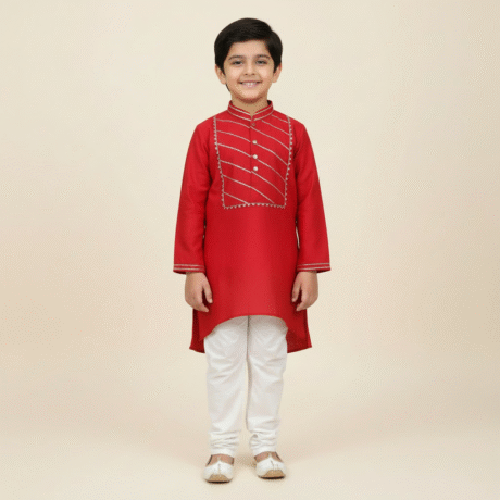 Boy's Maroon embellished high-low kurta with Pant-RKFCW526