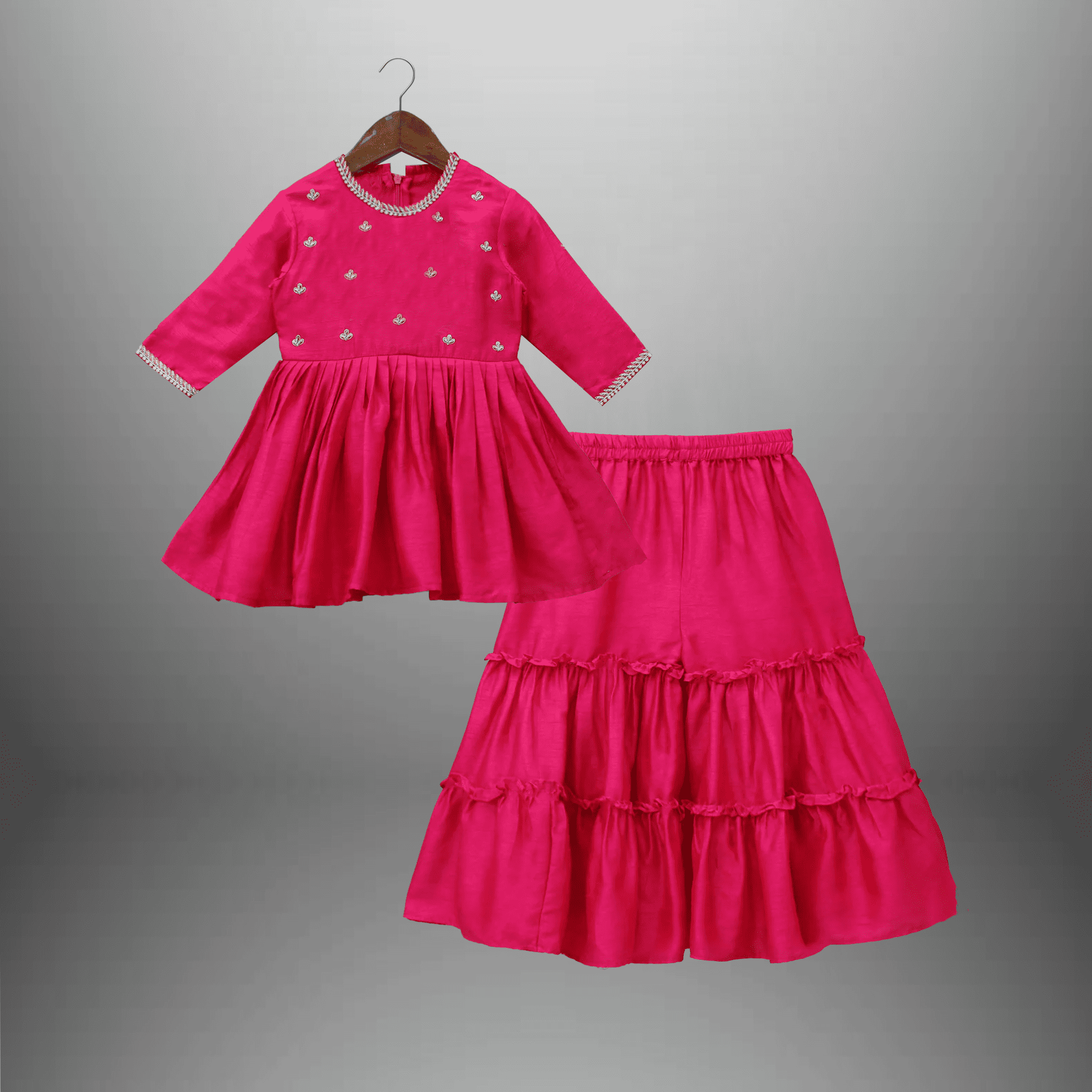 Girl's  2 piece set of Pink Flared Kurti and Sharara pant-RKFCW531