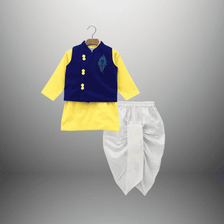 Boy's 3 Piece Set of Blue Nehru Jacket, Yellow Kurta and White Dhoti-RKFCW517