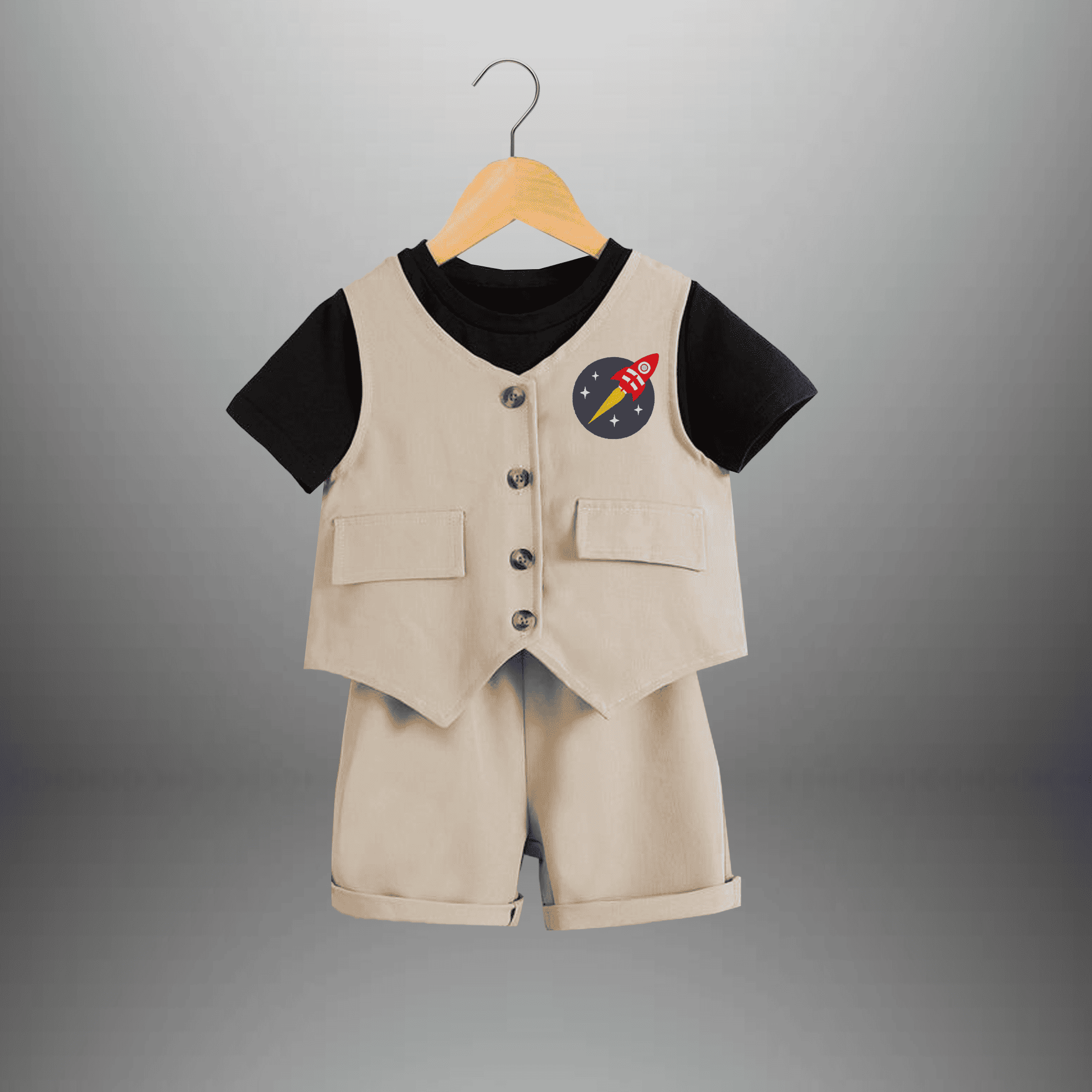 Boy's 3 piece set of Beige shorts, waistcoat and Black T- Shirt-RKFCW536