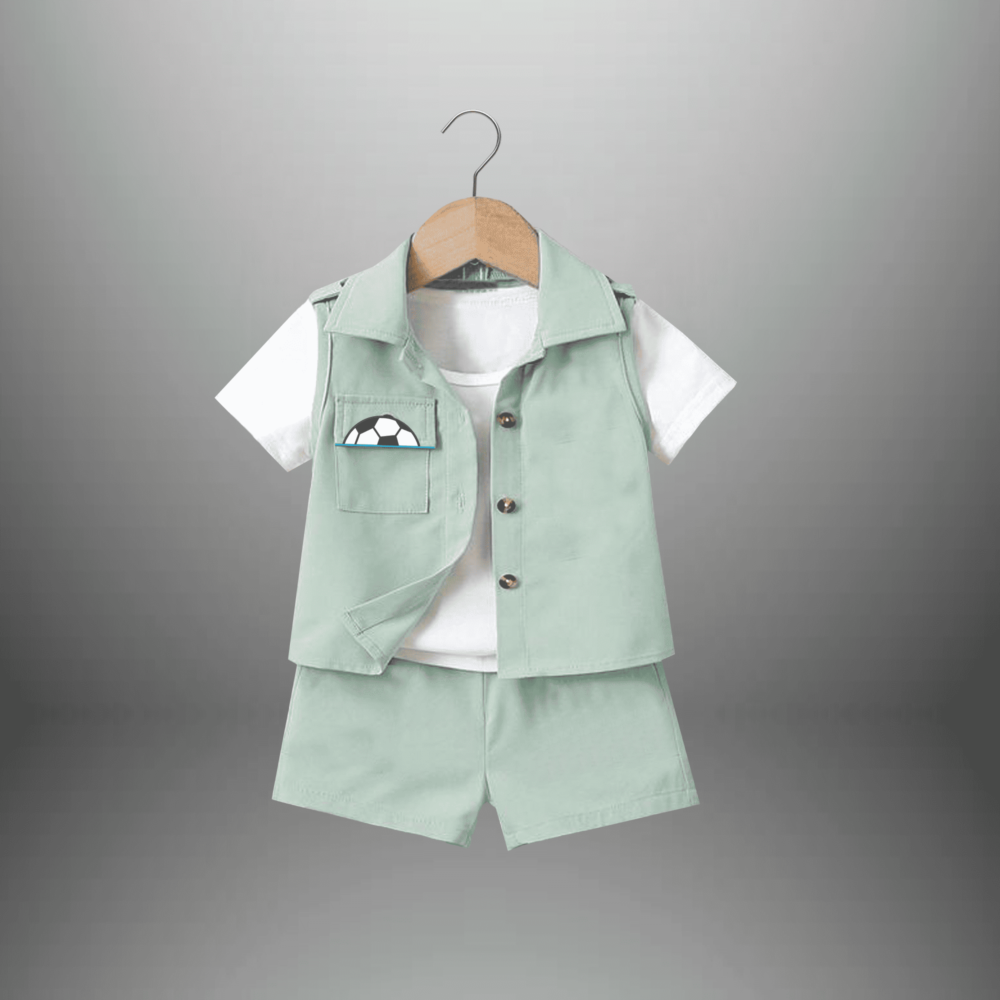 Boy's 3 Piece set of Ice Blue sleeveless jacket, shorts and White T-shirt-RKFCW537