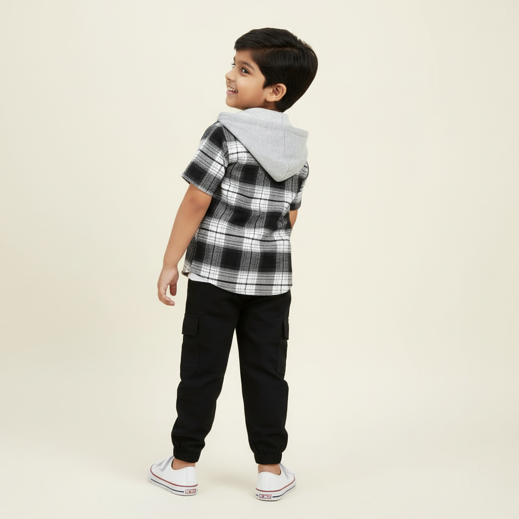 Boy's 3 piece set of Black Cargo pant ,Black and white hooded Checkered shirt with a t-shirt-RKFCW545 - Image 10