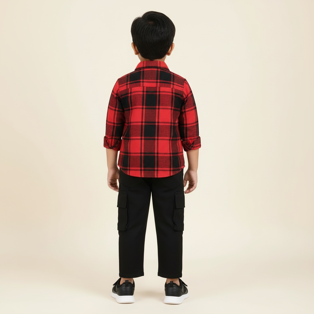 Boy's 3 piece set of Black Cargo pant, Red and Black Checkered shirt and a white T-shirt-RKFCW543 - Image 9