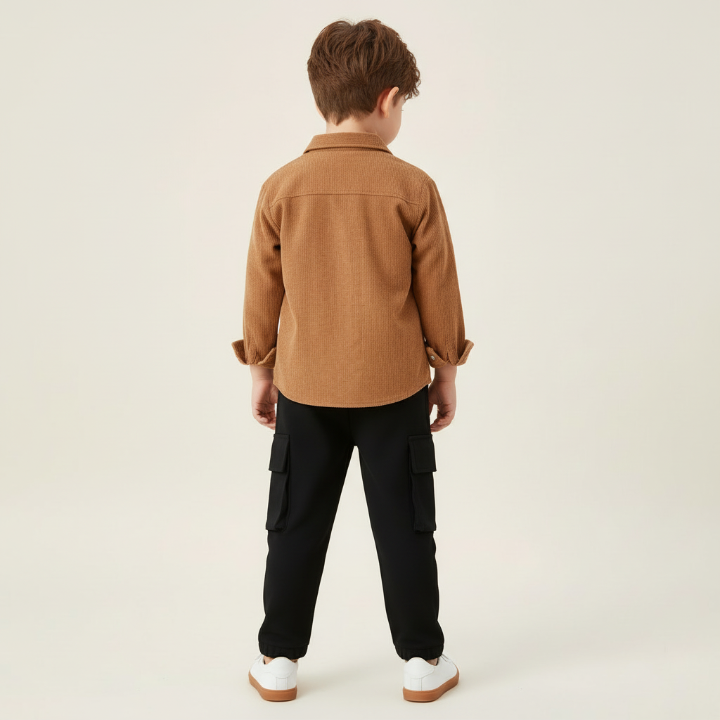 Boy's 3 piece set of Black Cargo pant ,Tan Brown shirt and a White T-shirt-RKFCW547 - Image 10