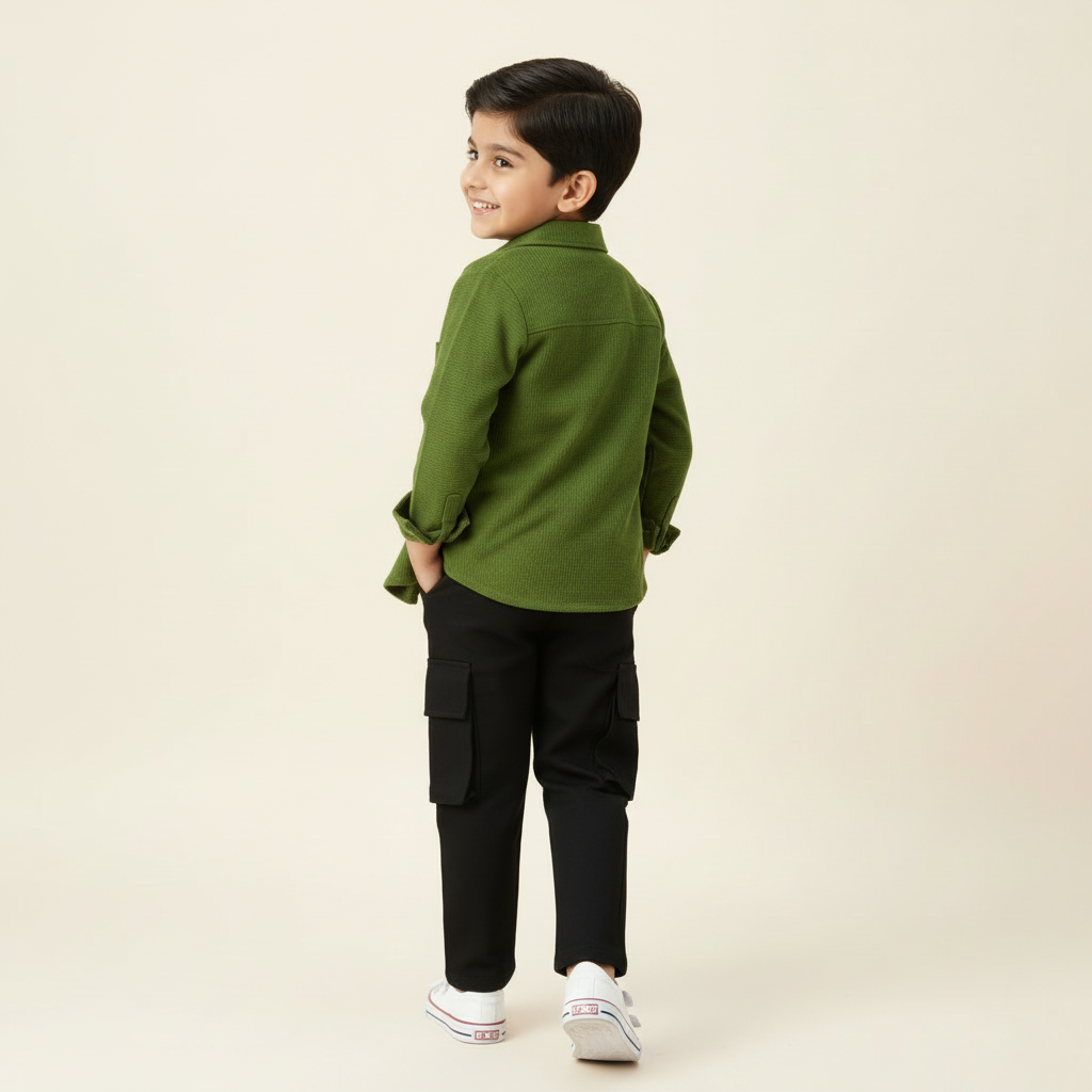 Boy's 3 piece set of Black Cargo pant ,Green shirt and a White T-shirt-RKFCW546 - Image 9