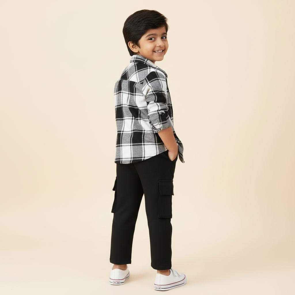 Boy's 3 piece set of Black Cargo pant ,Black and white Checkered shirt and a white T-shirt-RKFCW542 - Image 9