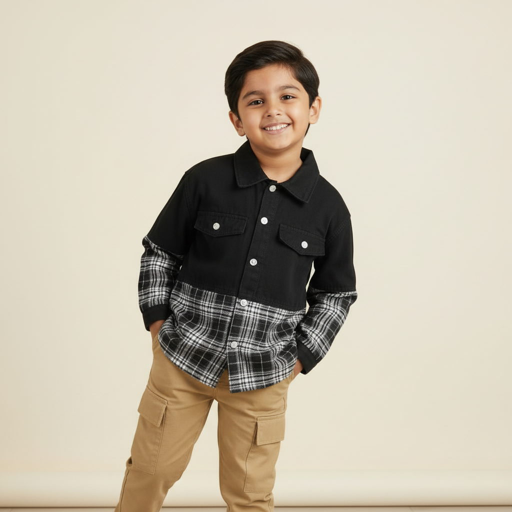 Boy's 2 piece set of Beige Cargo pant ,Black corduroy Patched Checkered shirt -RKFCW544 - Image 8