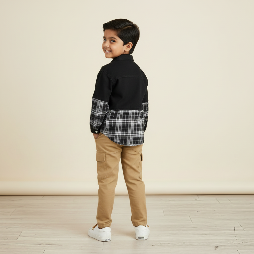 Boy's 2 piece set of Beige Cargo pant ,Black corduroy Patched Checkered shirt -RKFCW544 - Image 7