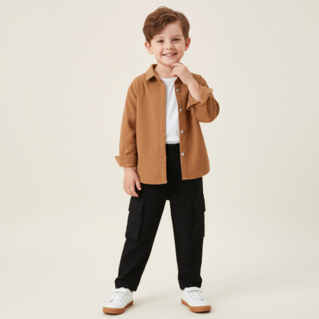 Boy's 3 piece set of Black Cargo pant ,Tan Brown shirt and a White T-shirt-RKFCW547