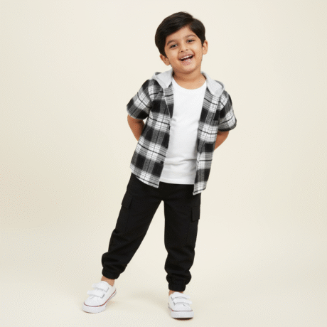 Boy's 3 piece set of Black Cargo pant ,Black and white hooded Checkered shirt with a t-shirt-RKFCW545