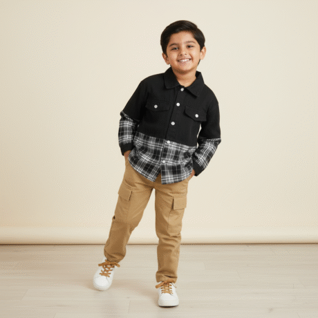 Boy's 2 piece set of Beige Cargo pant ,Black corduroy Patched Checkered shirt -RKFCW544