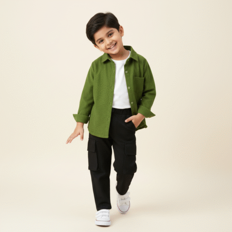Boy's 3 piece set of Black Cargo pant ,Green shirt and a White T-shirt-RKFCW546