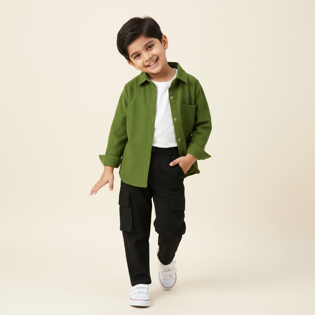 Boy's 3 piece set of Black Cargo pant ,Green shirt and a White T-shirt-RKFCW546