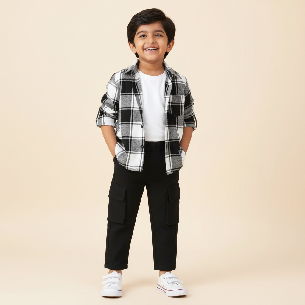 Boy's 3 piece set of Black Cargo pant ,Black and white Checkered shirt and a white T-shirt-RKFCW542