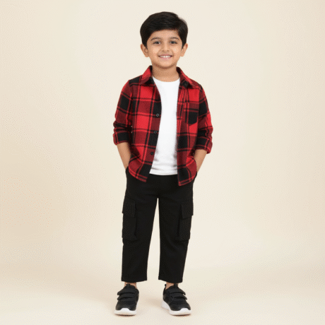 Boy's 3 piece set of Black Cargo pant, Red and Black Checkered shirt and a white T-shirt-RKFCW543
