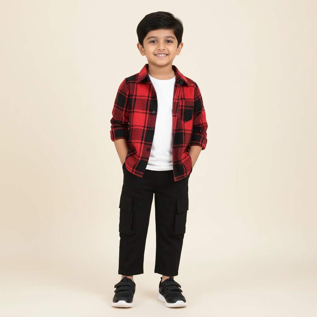 Boy's 3 piece set of Black Cargo pant, Red and Black Checkered shirt and a white T-shirt-RKFCW543