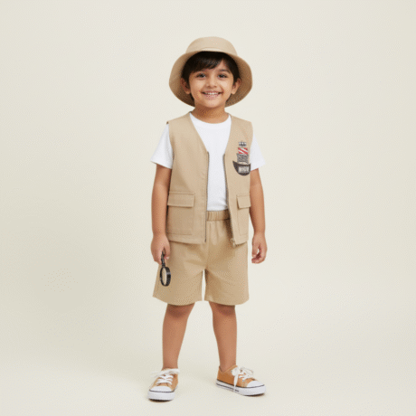 Boy's 3 piece set of Beige shorts, Zippered sleeveless jacket and T-Shirt with a free hat-RKFCW538