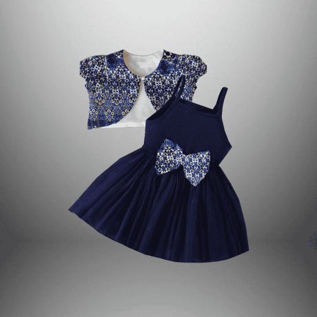 Girl's Blue Printed Outer and a flared Dress with a Bow-RKFCW548