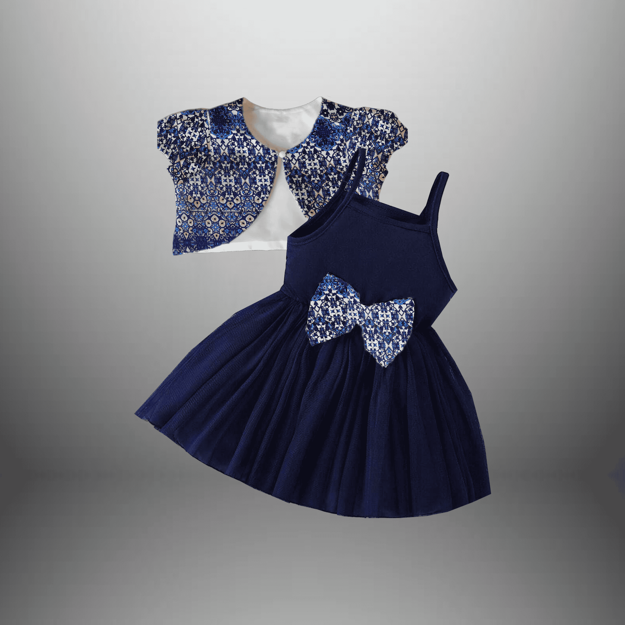 Girl's Blue Printed Outer and a flared Dress with a Bow-RKFCW548
