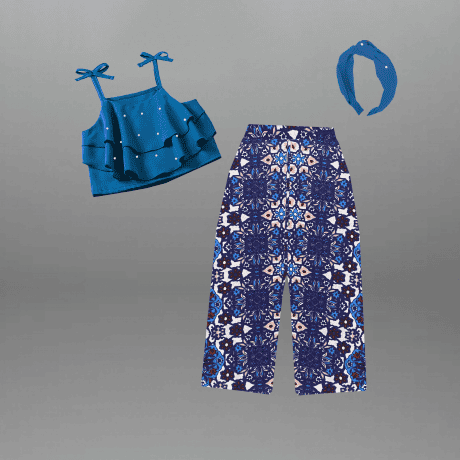 Girl's Two piece set of blue sleeveless frilled top with pearl embellishment and Printed palazzo and a free hairband-RKFCW556