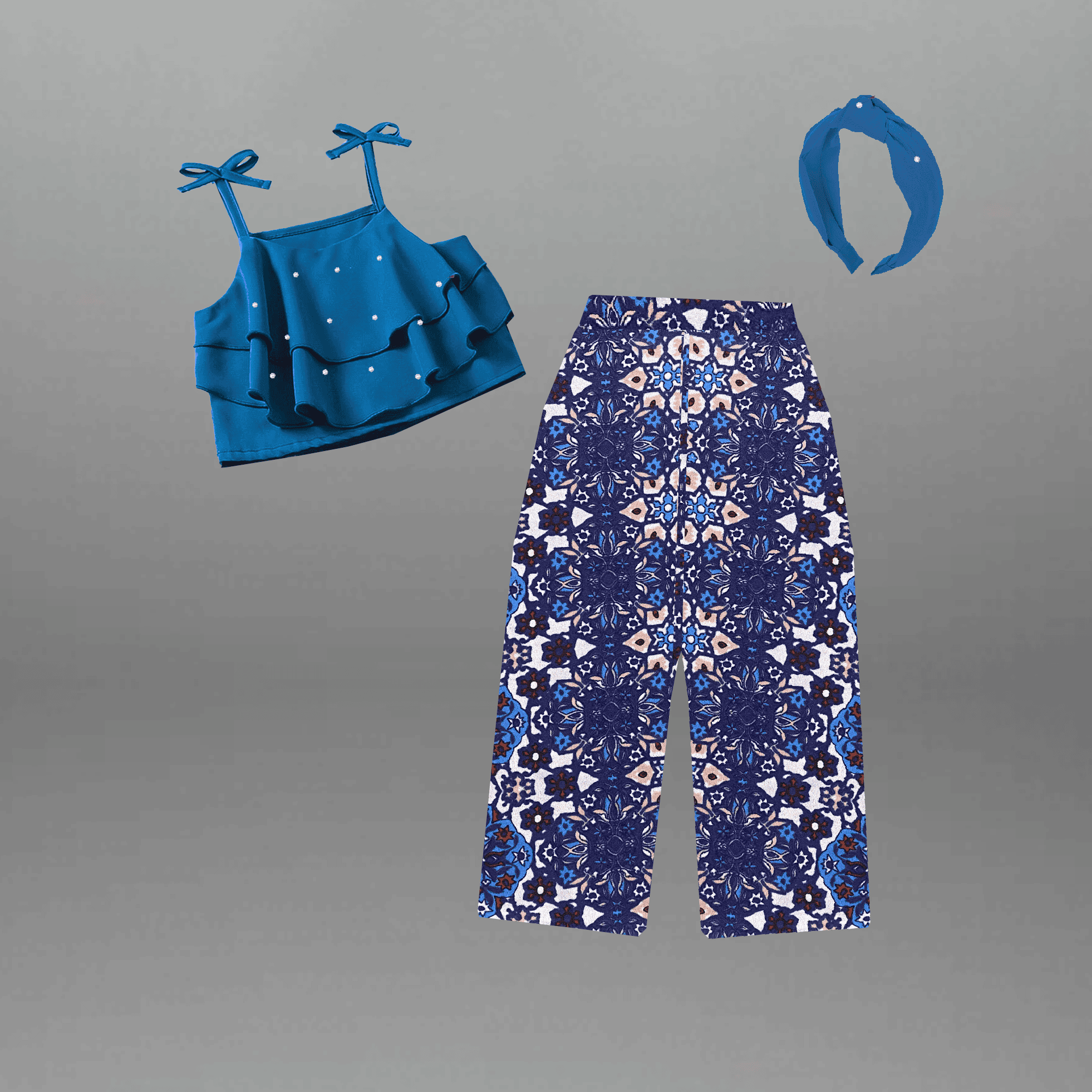 Girl's Two piece set of blue sleeveless frilled top with pearl embellishment and Printed palazzo and a free hairband-RKFCW556