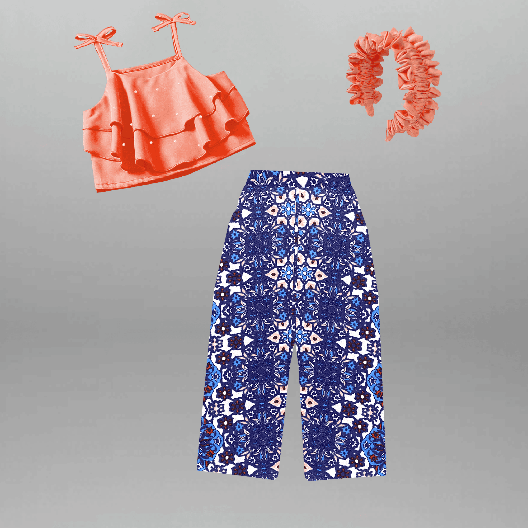 Girl's Two piece set of  Peach sleeveless frilled top with pearl embellishment and Printed palazzo and a free hairband-RKFCW557