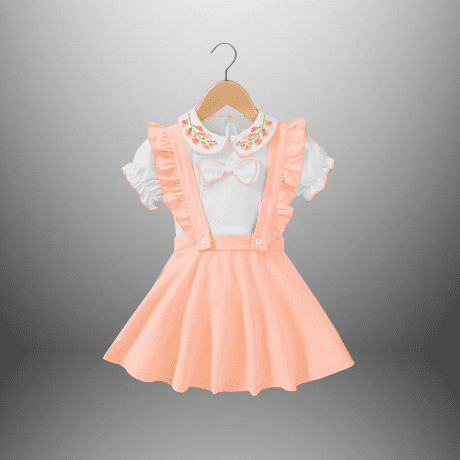 Girl's Two piece set of a puffed sleeve top with peter pan collar and dungaree styled skirt-RKFCW551