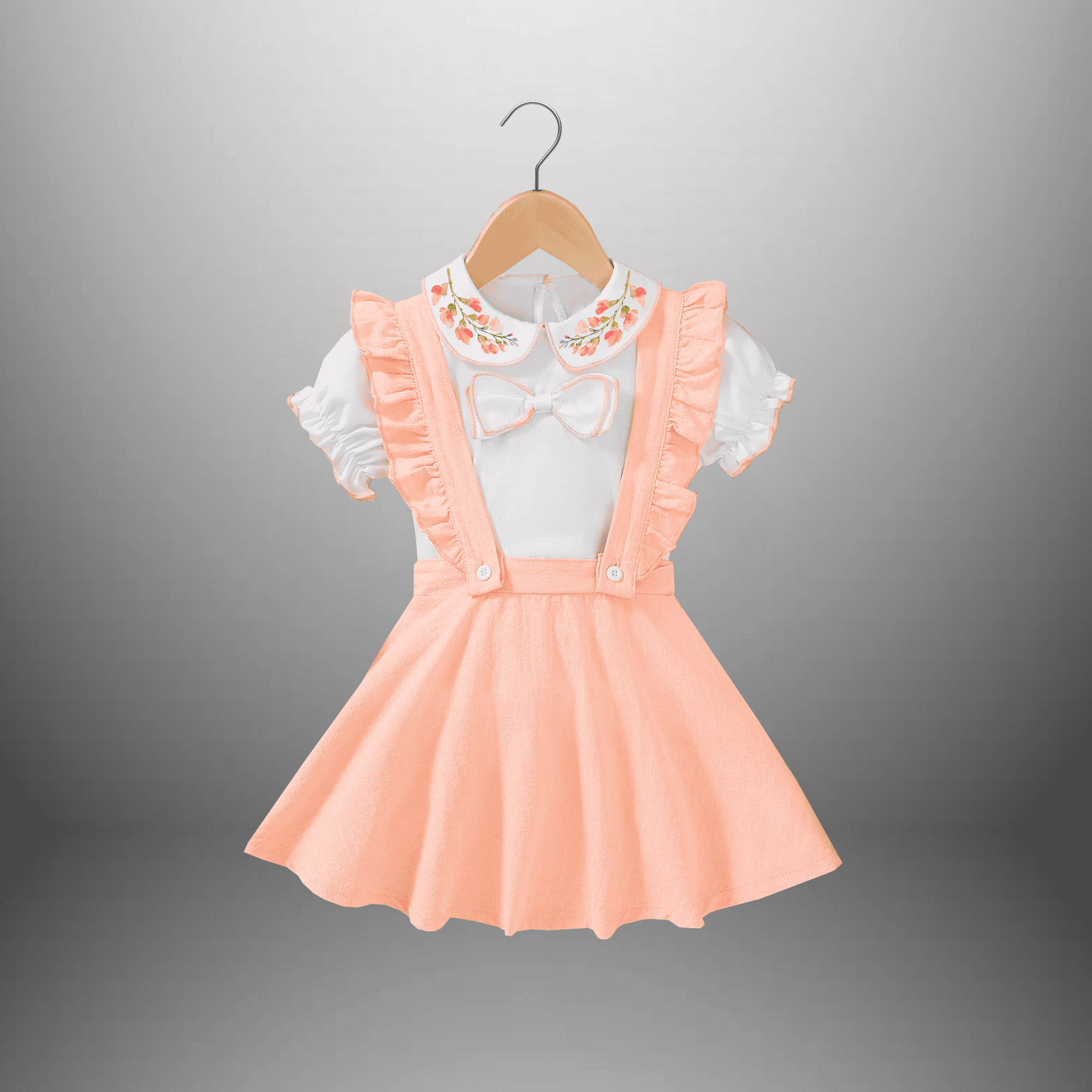 Girl's Two piece set of a puffed sleeve top with peter pan collar and dungaree styled skirt-RKFCW551
