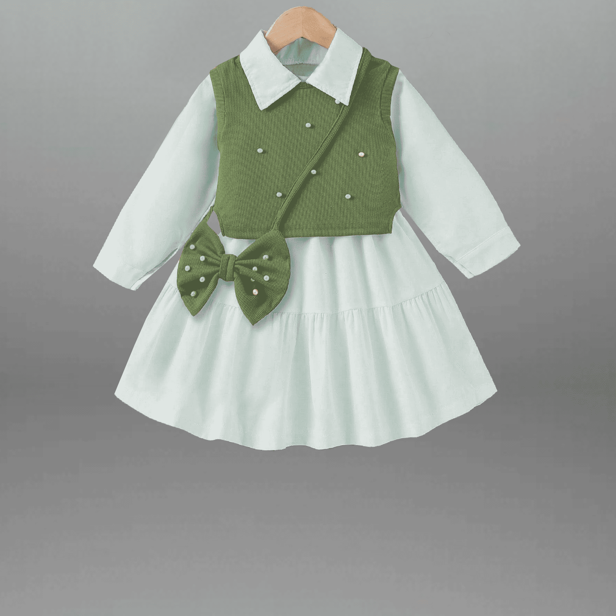 Girl's Two piece set of Collared Dress with pearl embellished outer top and a free  Bow styled sling bag-RKFCW559
