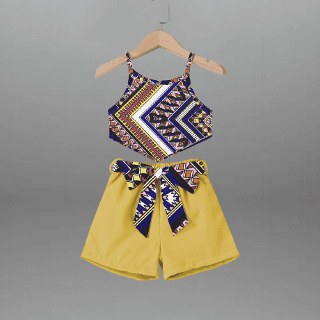 Girl's Two piece set of Printed sleeveless top with Yellow shorts-RKFCW553
