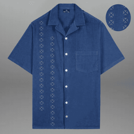 Men's Blue Embroidered Camp Collar Shirt with a Pocket-RMS046