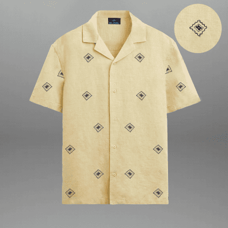 Men's Light Yellow Camp Collar Shirt with Black Embroidery-RMS048