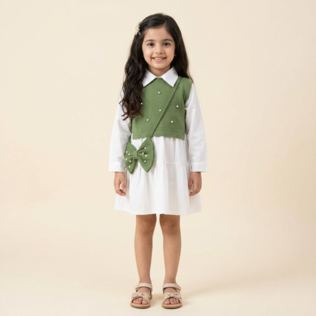 Girl's Two piece set of Collared Dress with pearl embellished outer top and a free Bow styled sling bag-RKFCW559