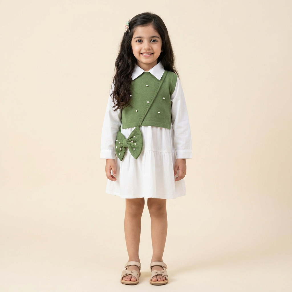 Girl's Two piece set of Collared Dress with pearl embellished outer top and a free Bow styled sling bag-RKFCW559