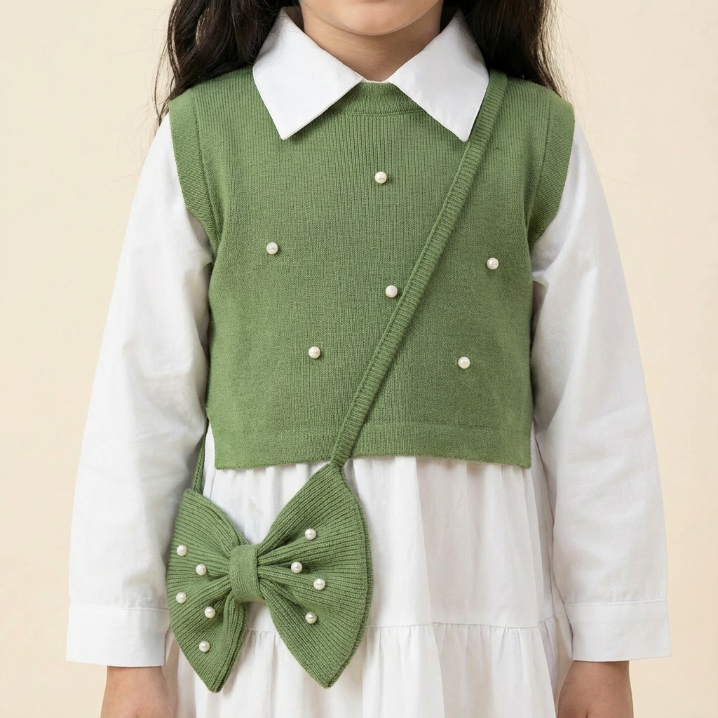 Girl's Two piece set of Collared Dress with pearl embellished outer top and a free Bow styled sling bag-RKFCW559 - Image 7