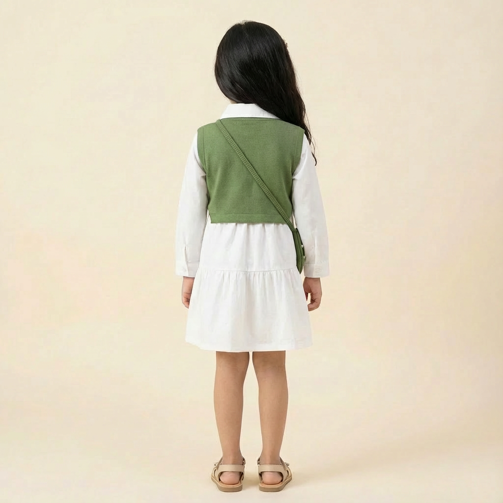 Girl's Two piece set of Collared Dress with pearl embellished outer top and a free Bow styled sling bag-RKFCW559 - Image 8