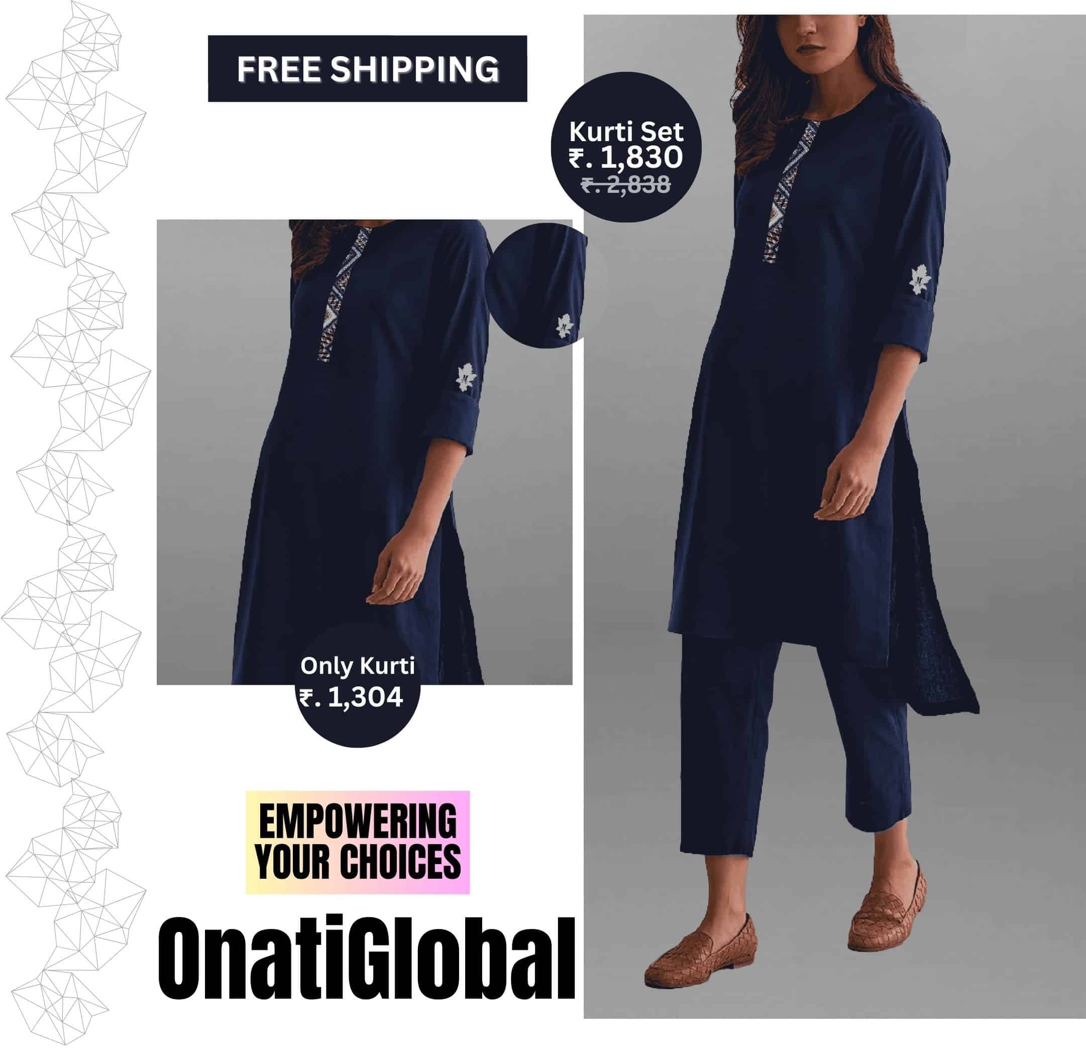 Women's Dark Blue Kurti set with Printed Patch work-RWKS078