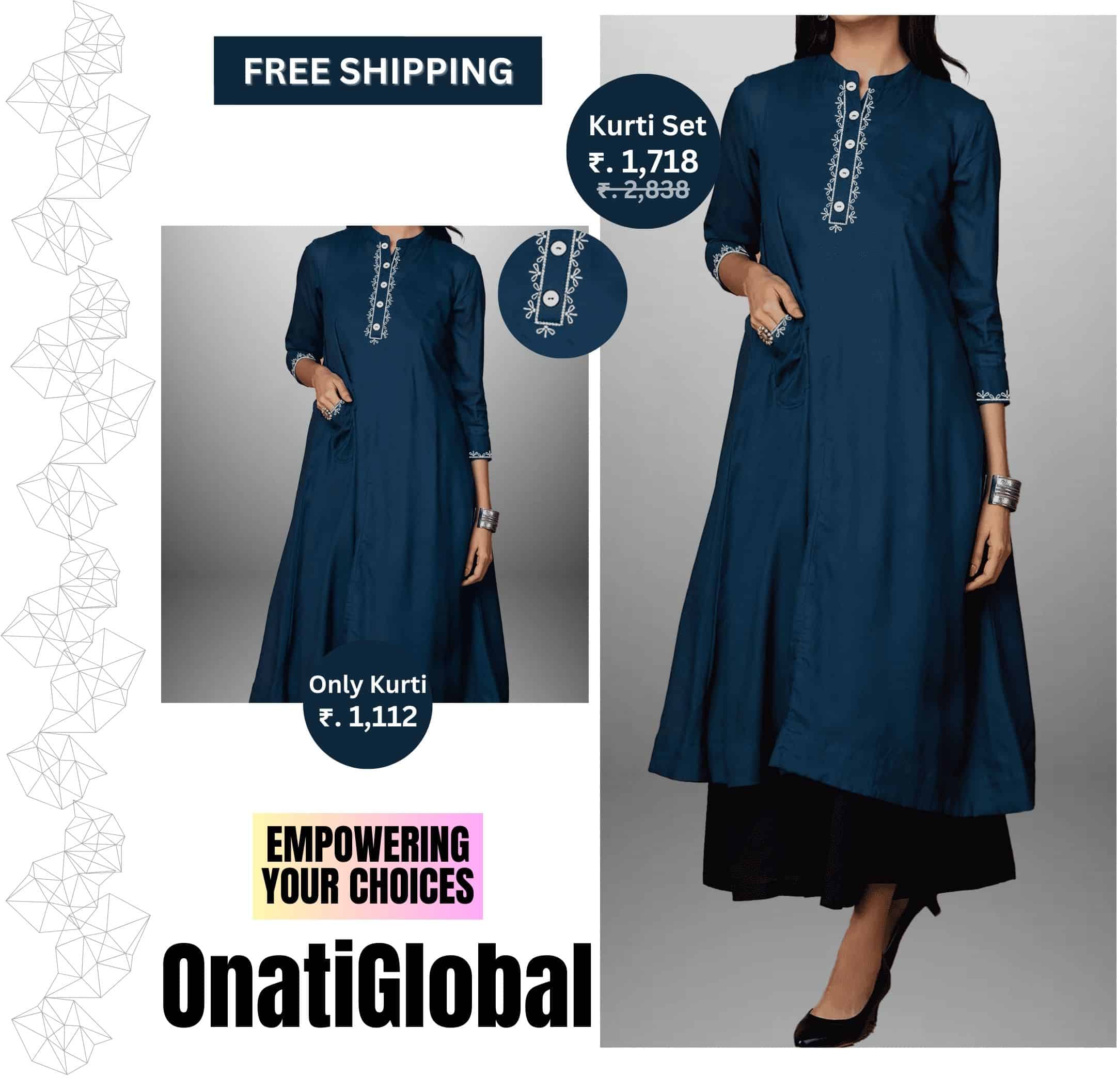 Women's Navy Blue Kurti with pocket and Black flared palazzo with contrast embroidery work-RWKS080