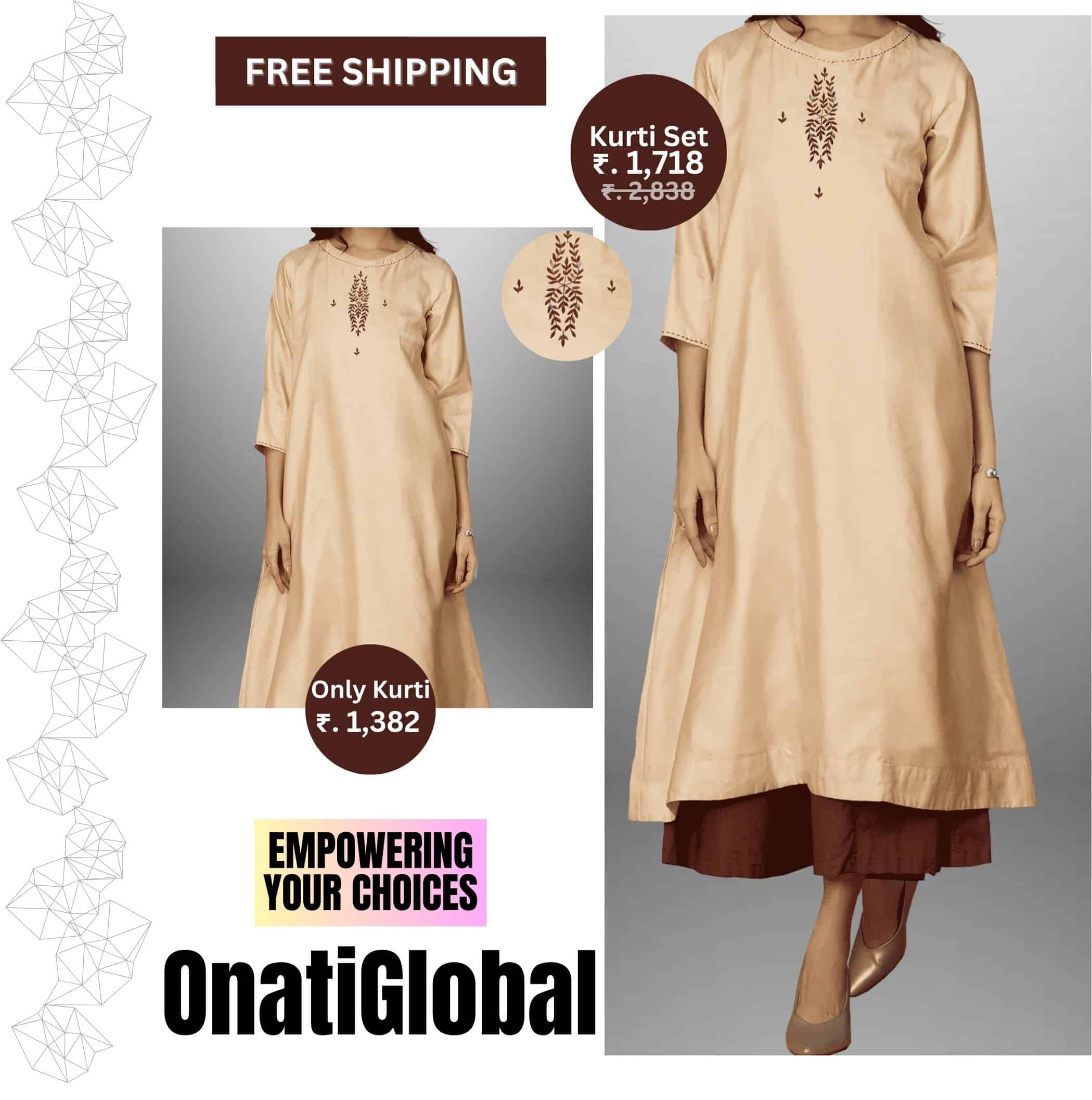 Women's Beige Kurti with Embroidery work on Top and Brown Palazzo-RWKS082
