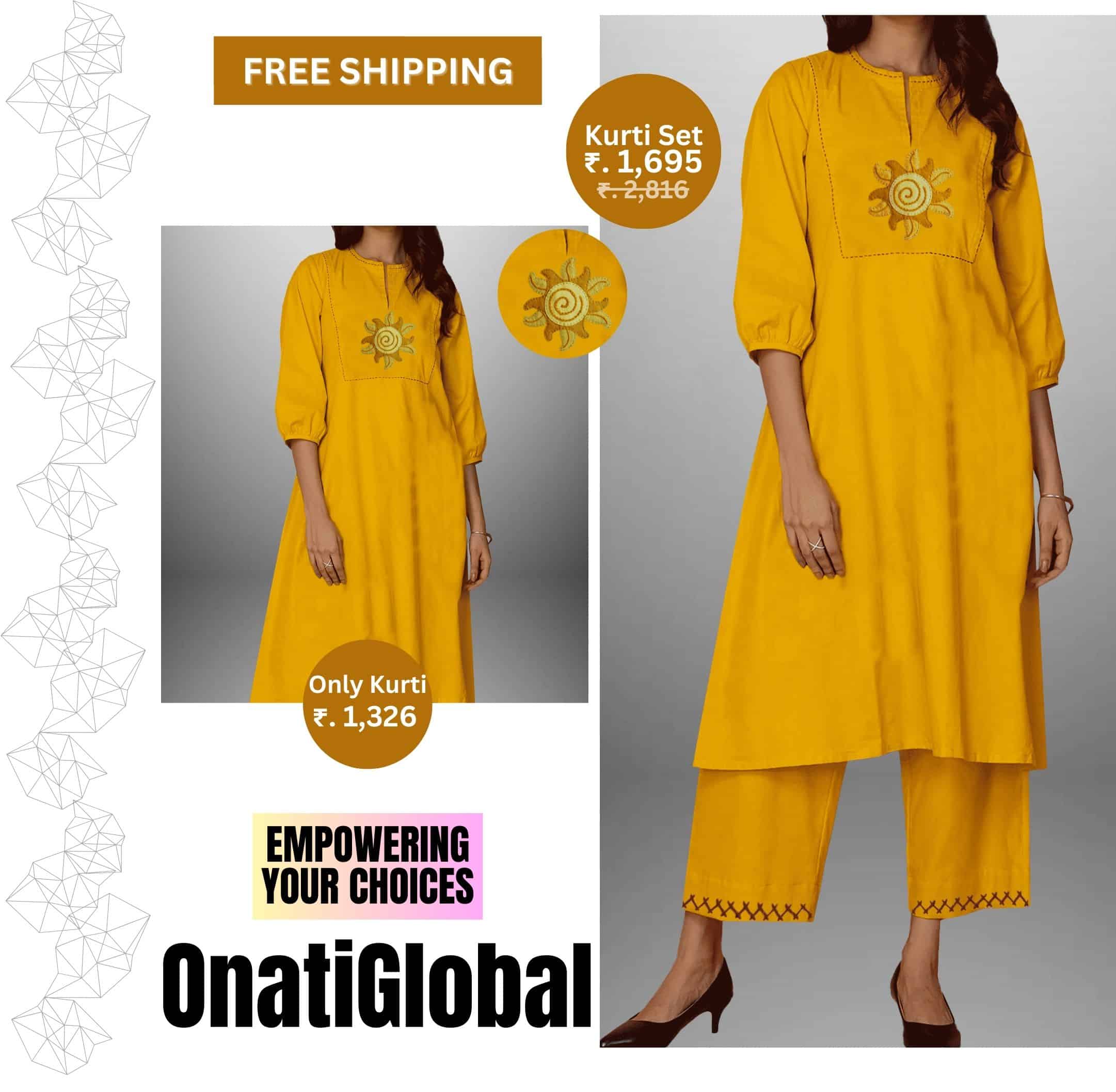 Women's Yellow Kurti Set with Embroidery work-RWKS084