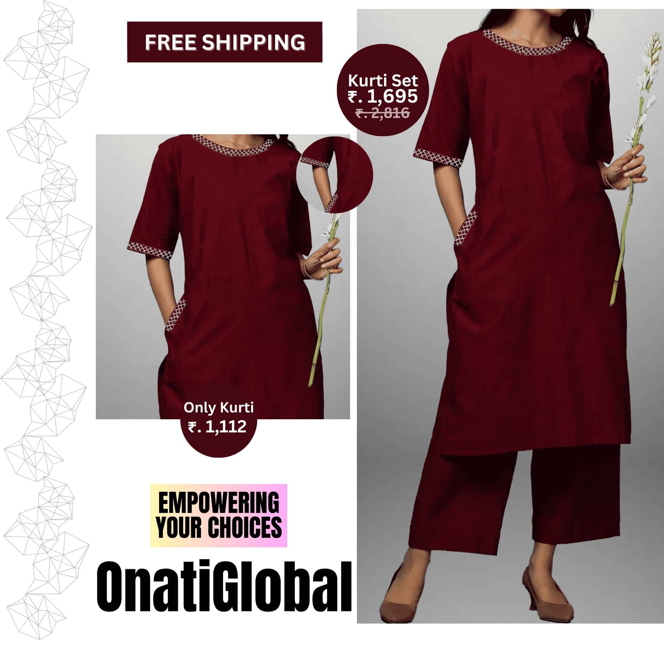 Women's Maroon Kurti Set with Cotrast Embroidery Border work-RWKS085