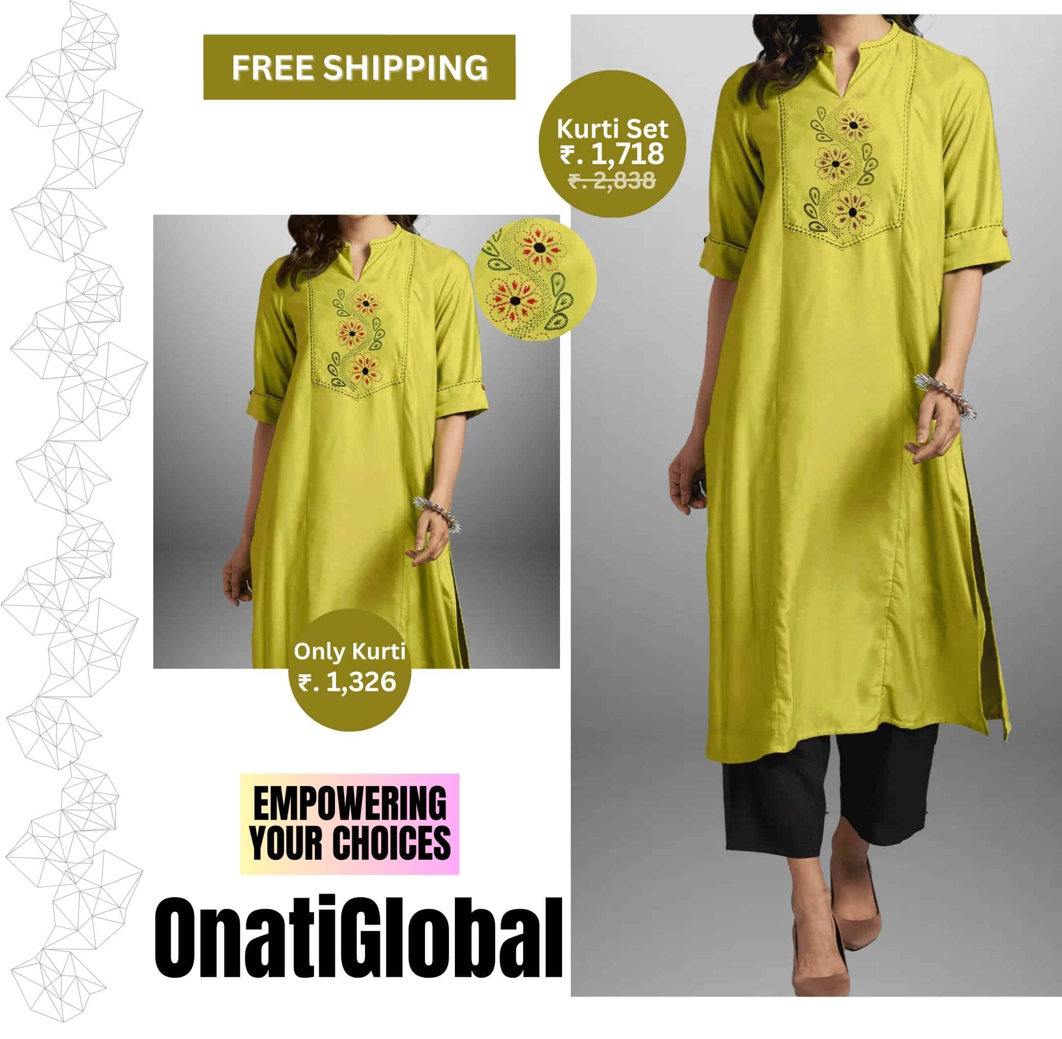 Women's Lime Green Kurti with 3/4th sleeve and Blue Bottom with Embroidery work-RWKS086