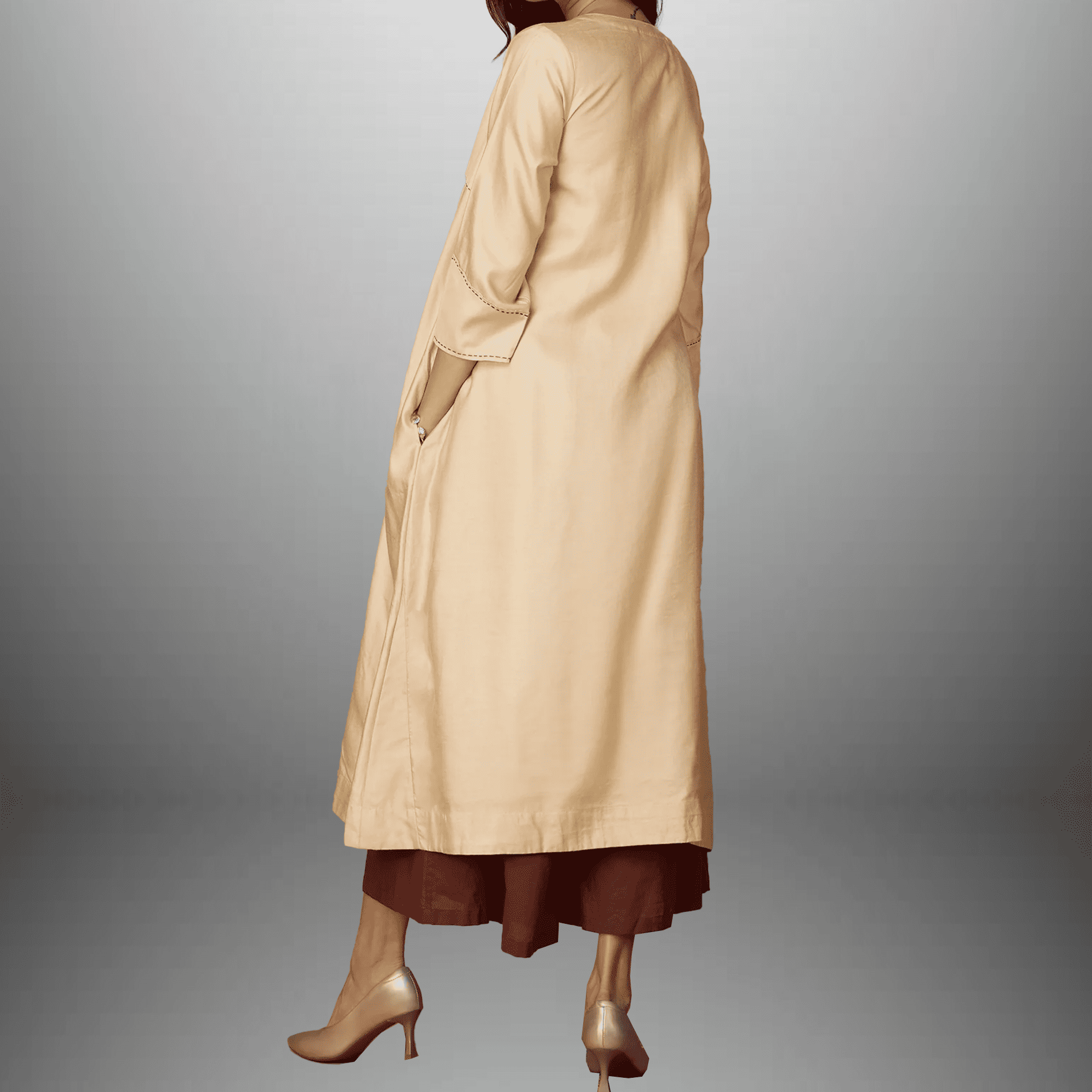 Women's Beige Kurti with Embroidery work on Top and Brown Palazzo-RWKS082