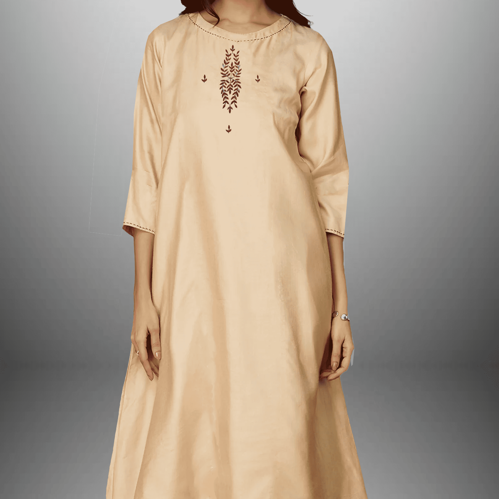 Women's Beige Kurti with Embroidery work on Top and Brown Palazzo-RWKS082