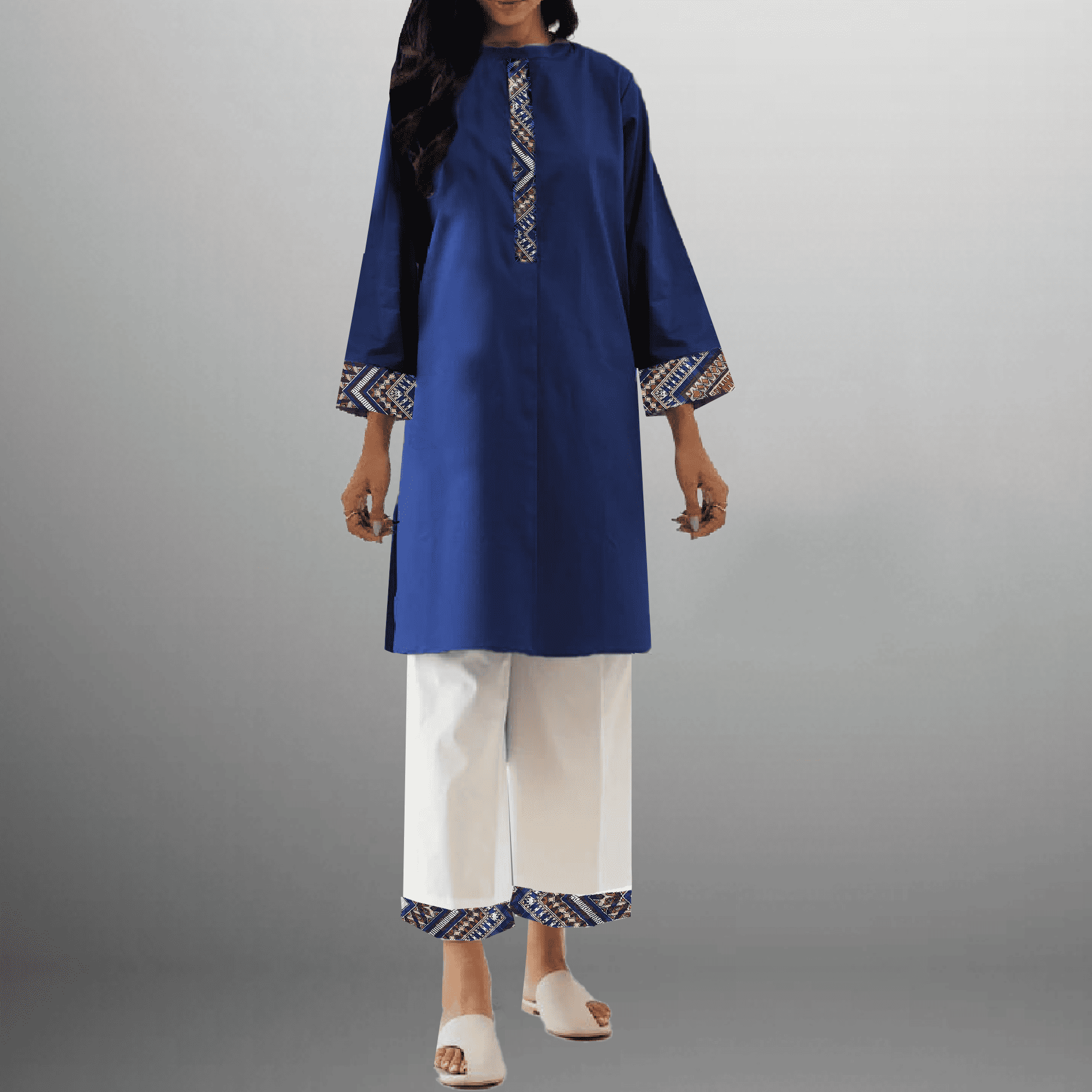 Women's Blue Kurti with Printed Patch work with White Pant-RWKS077