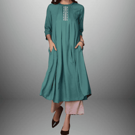 Women's Blue Yoke design Kurti with embroidery work and pockets with Bottom-RWKS081